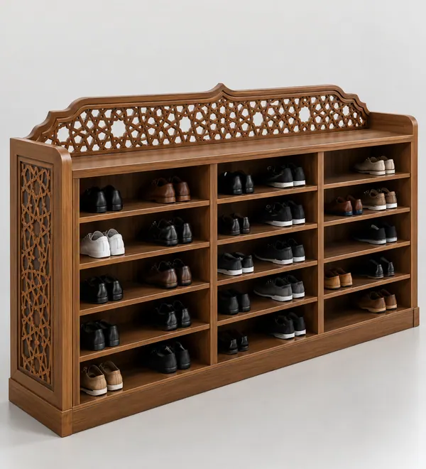 Geometric Open Shelf Mosque Shoe Storage Bench, lower open shelves topped by interlocking geometric fretwork and straight