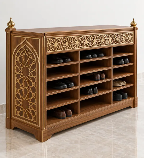 Traditional Wooden Mosque Shoe Organizer, wide multi-shelf cabinet with arched side-carving panels and column accents,