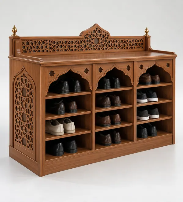 Open Lattice Wooden Mosque Shoe Rack, multiple shoe compartments within a pierced Islamic arch timber frame, light walnut