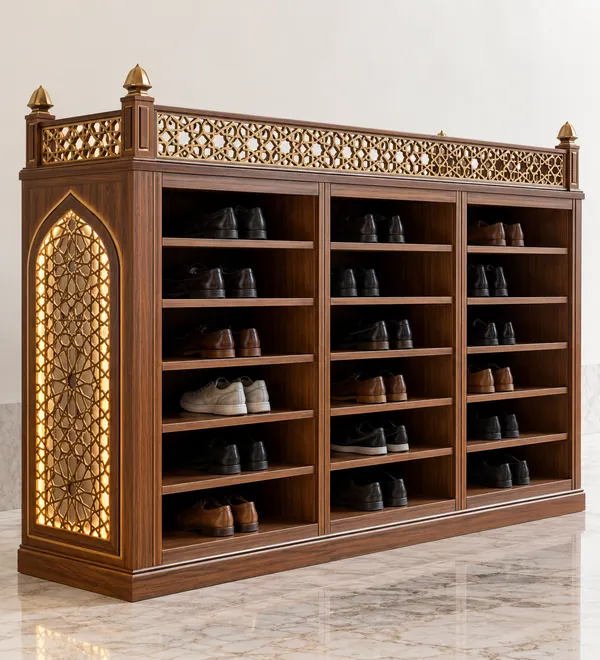 Illuminated Geometric Mosque Shoe Cabinet, wide open shoe bays framed by softly lit geometric wood lattice side panels,