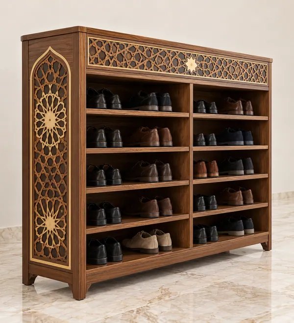 Compact Islamic Geometric Shoe Rack for Mosques, an open front shelf layout, carved star pattern end panels and