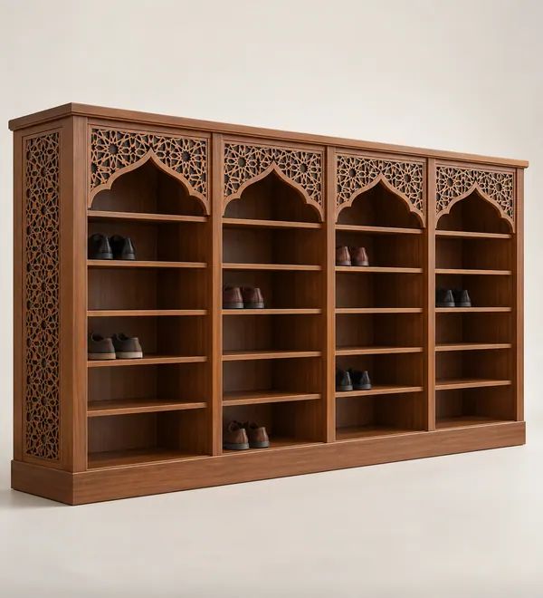 Low Wooden Mosque Shoe Cabinet with Arch Details, horizontal low cabinet with repeating arches above practical shoe