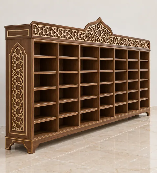 Wide Carved Wood Mosque Shoe Storage Cabinet, long open shelving with an intricate Islamic decorative top rail and carved