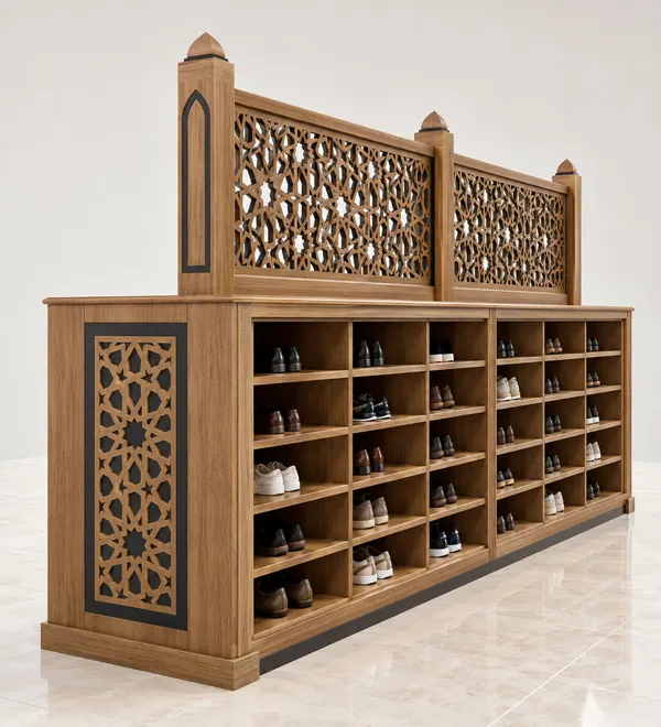 Mosque Shoe Rack with Decorative Lattice Divider, open shoe storage surmounted by decorative geometric privacy-screen