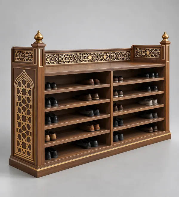 Islamic Mosque Shoe Organizer with Finial Posts, tiered wooden shoe shelves framed by ornate front lattice and