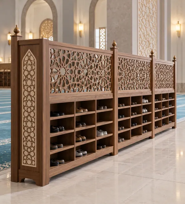 Illuminated Mosque Shoe Rack with Privacy Screens, open shoe storage combined with a tall perforated divider set in a