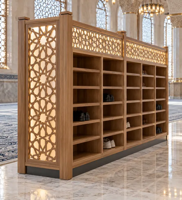 Wooden Shoe Storage and Lattice Mosque Divider, shoe storage below a tall geometric lattice panel with warm backlighting,