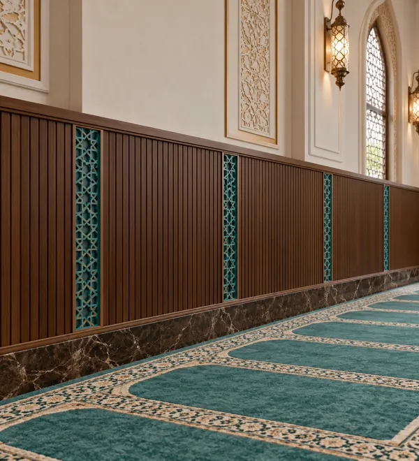 Walnut Mosque Wall Paneling with Turquoise Inlays, horizontal low-level wood wainscoting with fluted sections and
