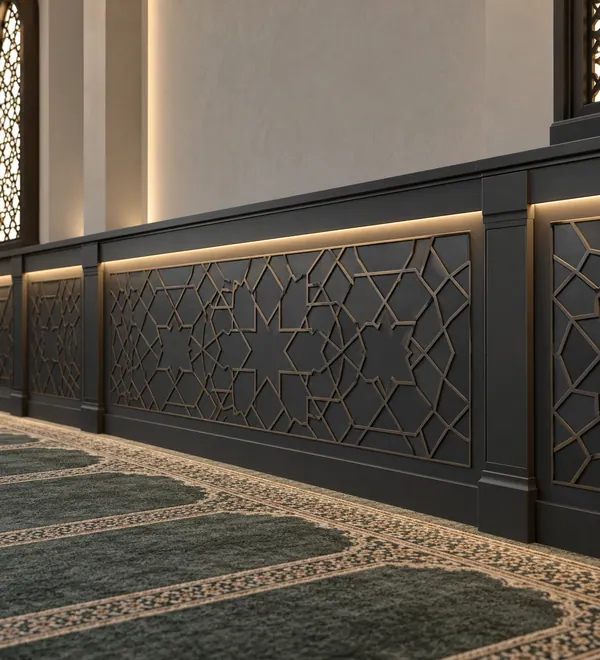 Charcoal Geometric Mosque Wall Paneling with LED Trim, deep gray geometric star motif panels with a fine gold perimeter