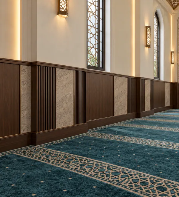 Walnut and Cream Mosque Wall Wainscoting, alternating traditional wood panels and light inset surfaces along a mosque