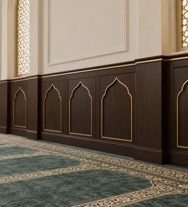 Arched Walnut Mosque Wall Panels with Gold Outlines, repeating pointed-arch relief wall modules with restrained gold line