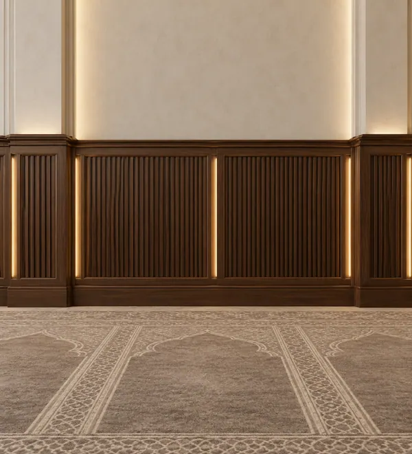 Slatted Brown Mosque Wall Wainscoting with LED Strips, alternating fluted walnut panels and narrow vertical illuminated
