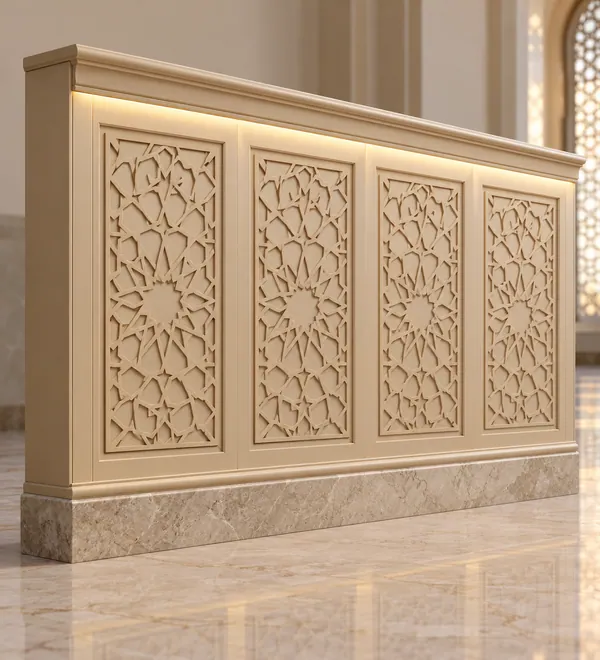 Ivory Arabesque Mosque Wall Panel Cladding, light cream raised panels with delicate leafy arabesque engraving and pale