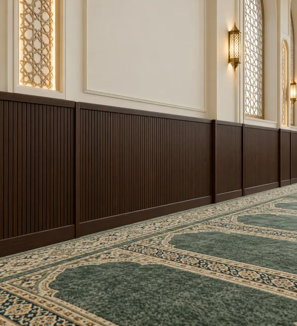 Contemporary Walnut Mosque Wall Paneling with Slats, long wood panel arrangement mixing fine vertical ribs with flush