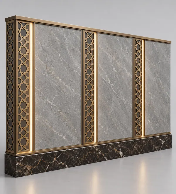 Gray Stone Look Mosque Wall Panels with Gold Lattice, large gray stone-look rectangles divided by gold Islamic lattice