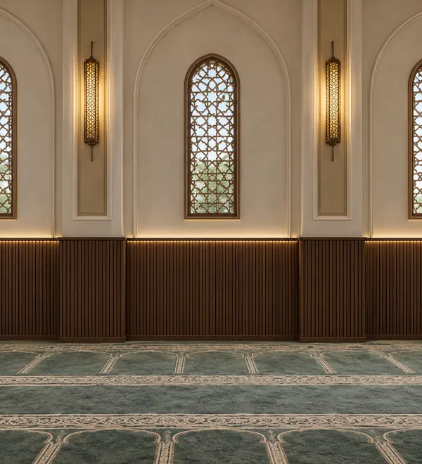 Modern Fluted Wooden Mosque Wall Panels, dark vertical timber ribs along the base of a bright mosque wall, dark
