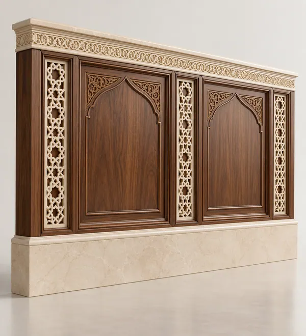 Two-Panel Walnut Arabesque Mosque Wall Feature, two large wood wall panels framed by intricate CNC-style arabesque