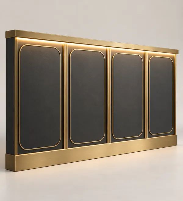 Luxury Black and Gold Mosque Wall Panels, four smooth dark rectangular panels framed with broad satin gold profiles,