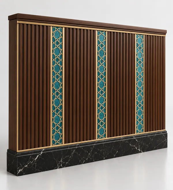Turquoise Inlay Mosque Decorative Wooden Wall Panel, narrow timber vertical slats alternating with vibrant turquoise