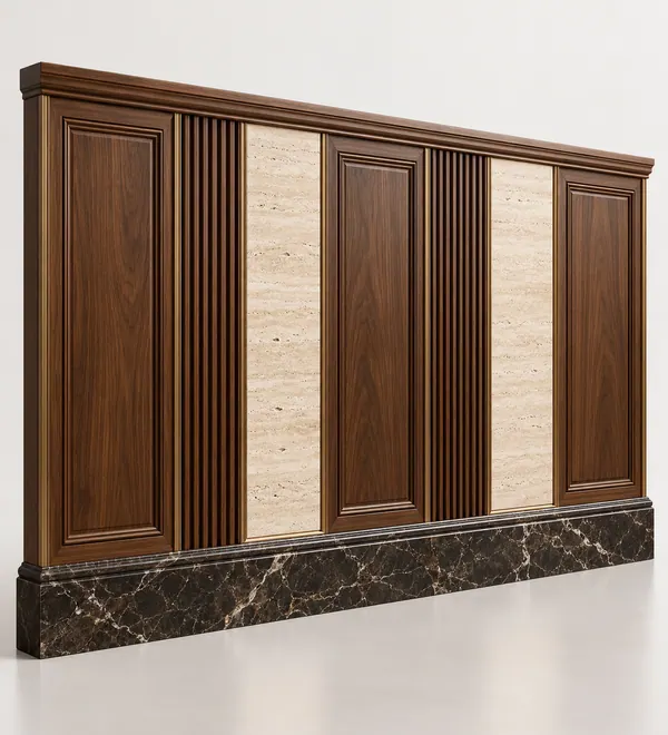 Walnut and Stone Mosque Wainscoting Panels, alternating walnut wall rectangles and pale stone-look inserts over a dark