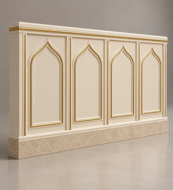 Ivory Islamic Arch Mosque Decorative Wall Cladding, repetitive raised pointed arches with restrained gold trim and cream