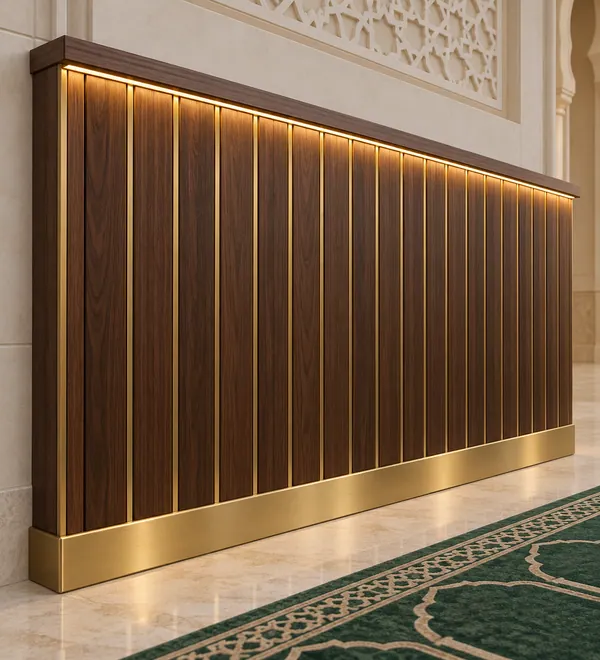 Vertical Ribbed Walnut Mosque Wall with Gold LED Trim, continuous walnut-colored vertical battens with glowing gold trim