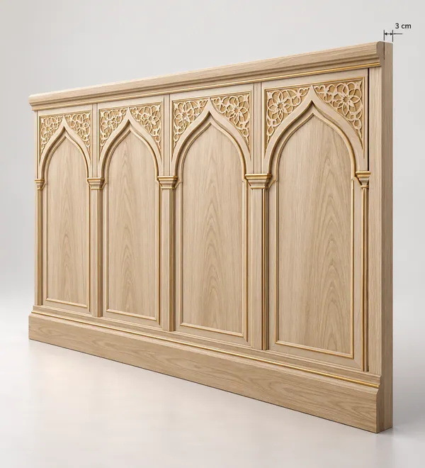 Light Oak Carved Islamic Mosque Wall Panels, repeated pointed arches with floral relief carving and softly colored wood