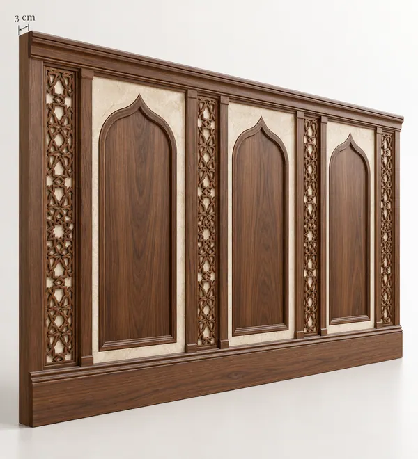 Walnut CNC Carved Mosque Wall Panel System, multiple carved pointed arches separated by lattice panels and thick timber