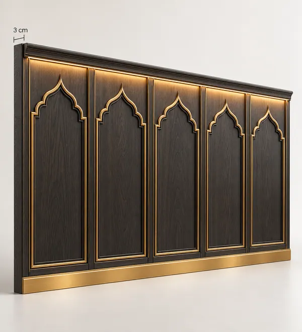 Dark Gray and Gold Mosque Wall Panels with Arches, a sequence of slim pointed arches with gold borders and dark flat