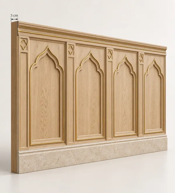 Cream Carved Arch Mosque Wall Wainscoting, classical pointed arch molding repeated across a light wall unit, light ivory