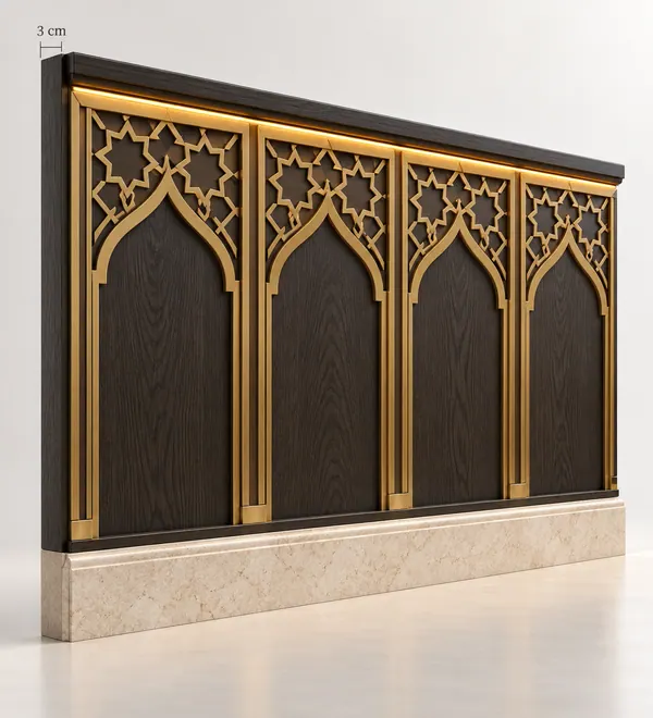 Black Gold Ornamental Mosque Wall Panel Set, four black recessed arch panels bordered by gold geometric lacework and