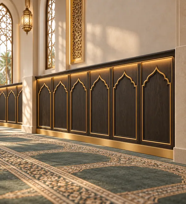 Charcoal and Gold Mosque Wall Paneling in Prayer Hall, deep black arched panels highlighted by a continuous warm lighting