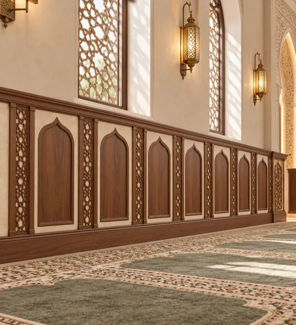 Carved Walnut Islamic Mosque Wall Panel Installation, long walnut wainscoting with decorated dividers, floral fretwork