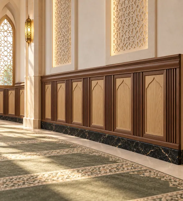 Classic Two-Tone Walnut Mosque Wainscoting, repeated walnut and pale ivory panels set above a dark marble-look base,