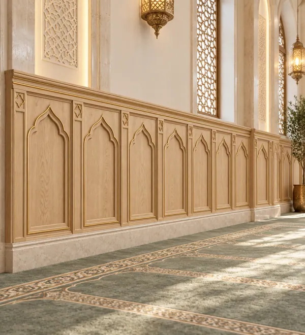 Cream and Gold Arched Mosque Wall Wainscoting, light cream arch moldings paired with delicate carving and decorative gold
