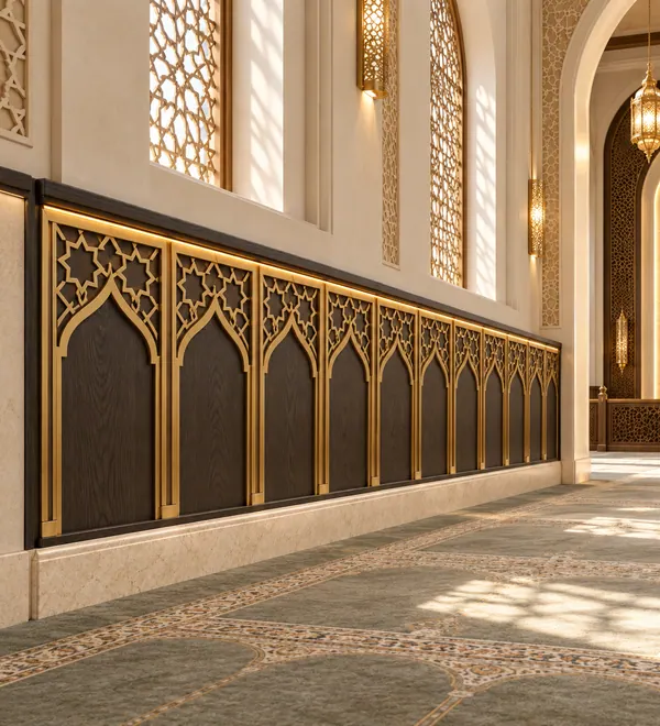 Charcoal and Gold Repeating Arch Mosque Wall Panels, multiple dark pointed arches framed by metallic gold with warm upper
