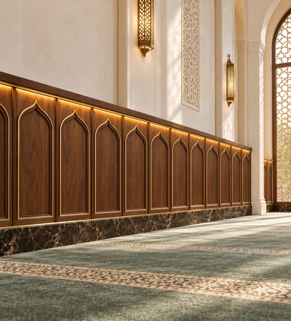 Classic Walnut Mosque Wall Paneling with Warm LED Cornice, rich paneled walnut arch system with integrated-looking warm