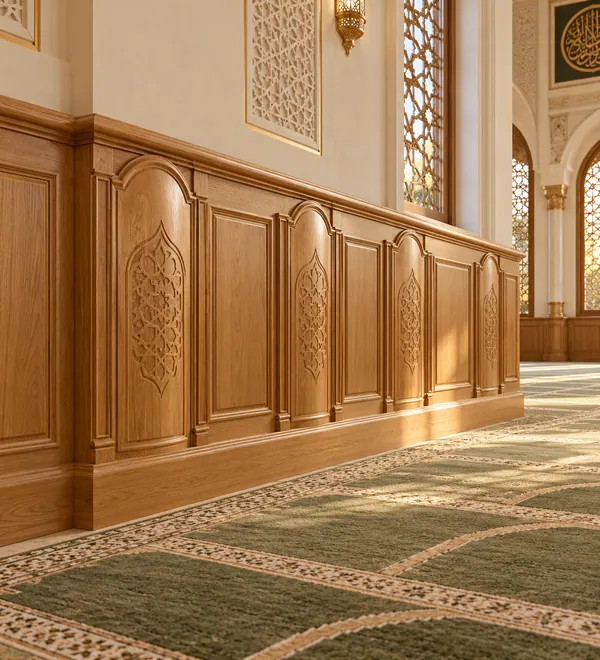 Carved Honey Oak Mosque Wall Panel System, deep honey oak decorated arches and carved borders along a mosque prayer hall