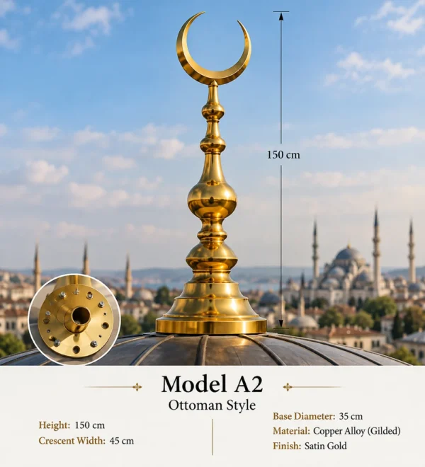 Mb Alm 03 a02 Ottoman Style Gold Crescent Finial | MosqueBuild custom decorative mosque crescent finial
