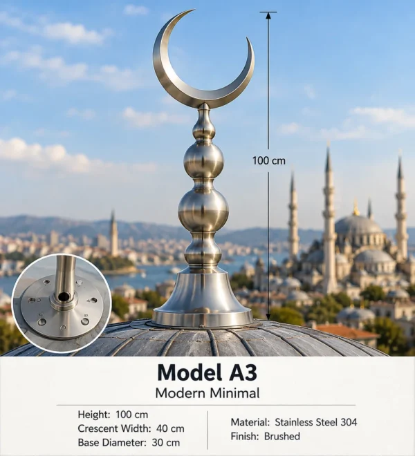 Mb Alm 03 a03 Modern Minimal Steel Crescent Finial | MosqueBuild custom decorative mosque crescent finial