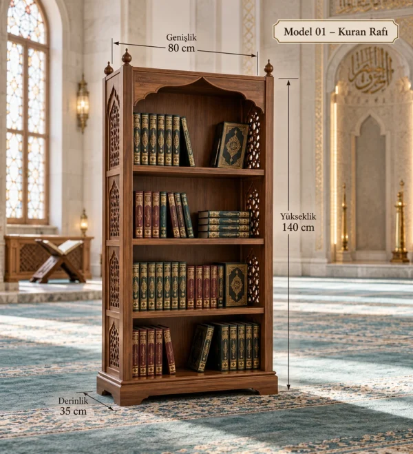 Wooden Mosque Quran Bookshelf Model 01 | MosqueBuild custom wooden Quran bookshelf for mosque interiors