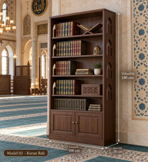 Wooden Mosque Quran Bookshelf Model 03 | MosqueBuild custom wooden Quran bookshelf for mosque interiors