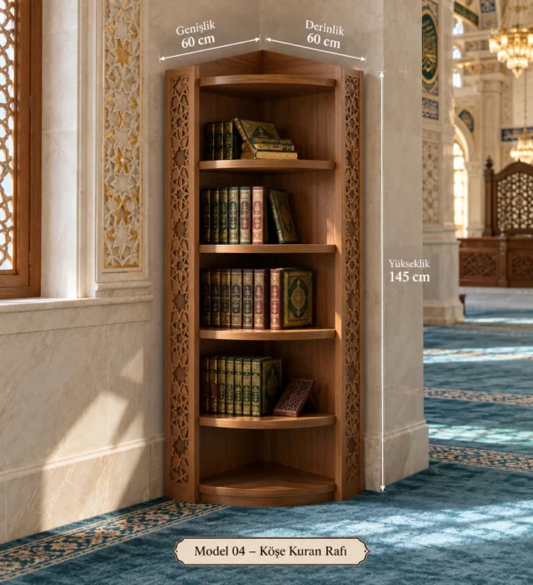 Wooden Mosque Quran Bookshelf Model 04 | MosqueBuild custom wooden Quran bookshelf for mosque interiors