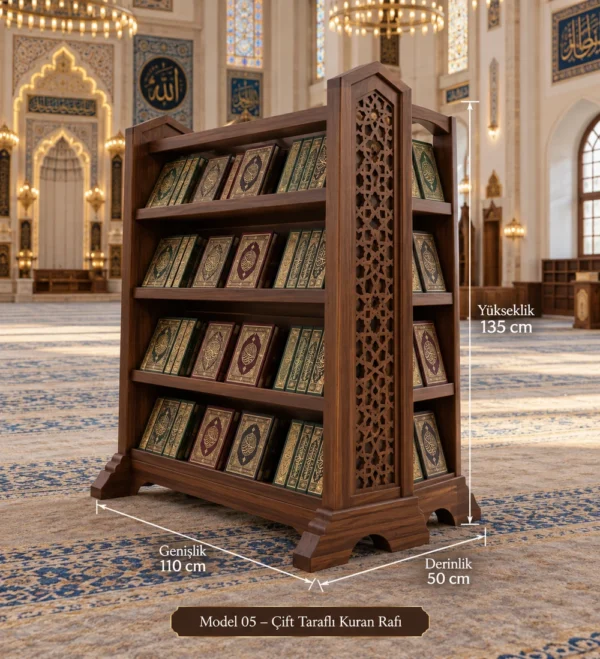 Wooden Mosque Quran Bookshelf Model 05 | MosqueBuild custom wooden Quran bookshelf for mosque interiors