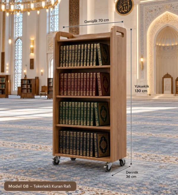 Wooden Mosque Quran Bookshelf Model 08 | MosqueBuild custom wooden Quran bookshelf for mosque interiors