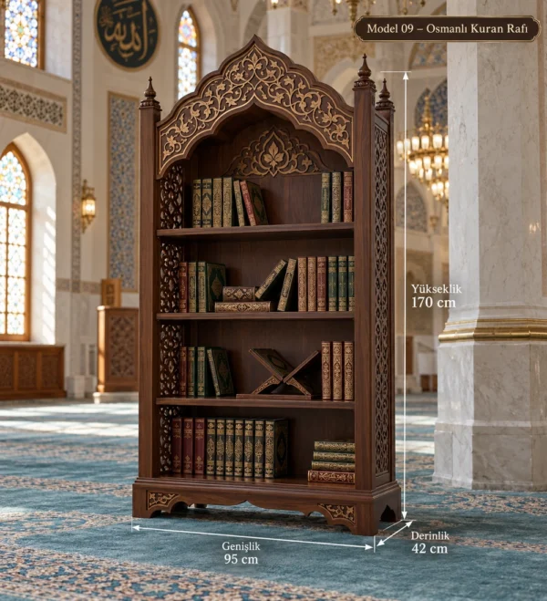 Wooden Mosque Quran Bookshelf Model 09 | MosqueBuild custom wooden Quran bookshelf for mosque interiors