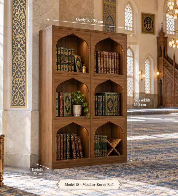 Wooden Mosque Quran Bookshelf Model 10 | MosqueBuild custom wooden Quran bookshelf for mosque interiors