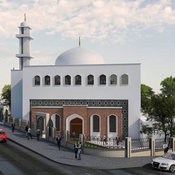 White mosque minaret project detail showing tower geometry and architectural transitions