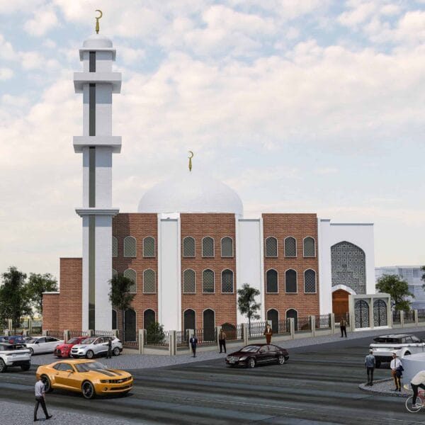 White mosque minaret reference showing overall form, balcony and upper tower composition
