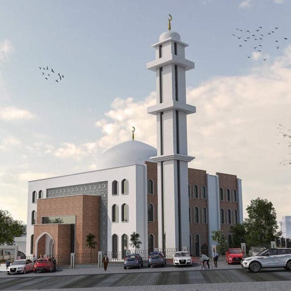 White mosque minaret design reference showing minaret silhouette and mosque integration